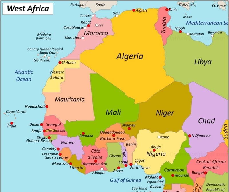 Map of West Africa highlighting AOA's four active operating countries: Benin, Togo, Nigeria, and Burkina Faso